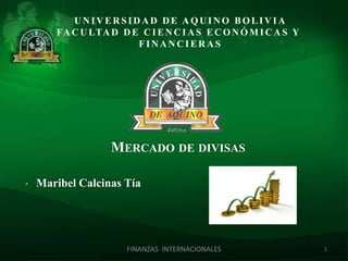 UNIVERSIDAD DE AQUINO BOLIVIA
       FA C U LTA D D E C I E N C I A S E C O N Ó M I C A S Y
                       FINANCIERAS




                   MERCADO DE DIVISAS

•   Maribel Calcinas Tía




                      FINANZAS INTERNACIONALES                  1
 