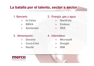 La batalla por el talento, sector a sector

  1. Bancario:         2. Energía, gas y agua:
        » la Caixa          » Iberdrola
        » BBVA              » Endesa
        » Santander         » REE

  3. Alimentación:     4. Informático:
        » Danone              » Microsoft
        » Coca-Cola           » Google
        » Nestlé              » IBM
 