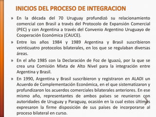 » En la década del 70 Uruguay profundizó su relacionamiento
  comercial con Brasil a través del Protocolo de Expansión Comercial
  (PEC) y con Argentina a través del Convenio Argentino Uruguayo de
  Cooperación Económica (CAUCE).
» Entre los años 1984 y 1989 Argentina y Brasil suscribieron
  veinticuatro protocolos bilaterales, en los que se regulaban diversas
  áreas.
» En el año 1985 con la Declaración de Foz de Iguazú, por la que se
  crea una Comisión Mixta de Alto Nivel para la integración entre
  Argentina y Brasil.
» En 1990, Argentina y Brasil suscribieron y registraron en ALADI un
  Acuerdo de Complementación Económica, en el que sistematizaron y
  profundizaron los acuerdos comerciales bilaterales anteriores. En ese
  mismo año, representantes de ambos países se reunieron con
  autoridades de Uruguay y Paraguay, ocasión en la cual estos últimos
  expresaron la firme disposición de sus países de incorporarse al
  proceso bilateral en curso.
 