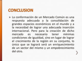 » La conformación de un Mercado Común es una
  respuesta adecuada a la consolidación de
  grandes espacios económicos en el mundo y a
  la necesidad de lograr una adecuada inserción
  internacional. Pero para la creación de dicho
  mercado es necesario tener mínimas
  condiciones de igualdad, sino en lugar de lograr
  el crecimiento de la región en su conjunto, lo
  único que se logrará será un enriquecimiento
  de un sector del mismo y un empobrecimiento
  del otro.
 