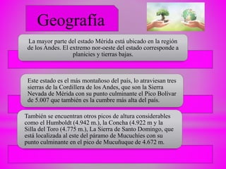 La mayor parte del estado Mérida está ubicado en la región
de los Andes. El extremo nor-oeste del estado corresponde a
planicies y tierras bajas.
Este estado es el más montañoso del país, lo atraviesan tres
sierras de la Cordillera de los Andes, que son la Sierra
Nevada de Mérida con su punto culminante el Pico Bolívar
de 5.007 que también es la cumbre más alta del país.
También se encuentran otros picos de altura considerables
como el Humboldt (4.942 m.), la Concha (4.922 m y la
Silla del Toro (4.775 m.), La Sierra de Santo Domingo, que
está localizada al este del páramo de Mucuchíes con su
punto culminante en el pico de Mucuñuque de 4.672 m.
Geografía
 