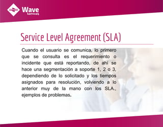 Service Level Agreement (SLA)
Cuando el usuario se comunica, lo primero
que se consulta es el requerimiento o
incidente qu...
