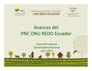 Avances del
PNC ONU REDD Ecuador
Consuelo Espinosa
Coordinadora Nacional
Julio, 2013
 