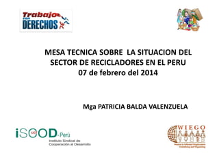 MESA TECNICA SOBRE LA SITUACION DEL
SECTOR DE RECICLADORES EN EL PERU
07 de febrero del 2014

Mga PATRICIA BALDA VALENZUELA

 