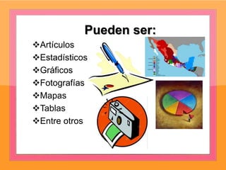Pueden ser:
Artículos
Estadísticos
Gráficos
Fotografías
Mapas
Tablas
Entre otros
 