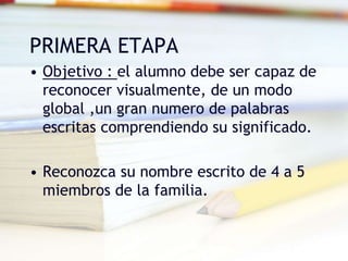 PRIMERA ETAPA
• Objetivo : el alumno debe ser capaz de
reconocer visualmente, de un modo
global ,un gran numero de palabras
escritas comprendiendo su significado.
• Reconozca su nombre escrito de 4 a 5
miembros de la familia.
 