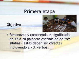 Primera etapa
Objetivo
• Reconozca y comprenda el significado
de 15 a 20 palabras escritas de de tres
silabas ( estas deben ser directa)
incluyendo 2 - 3 verbos .
 