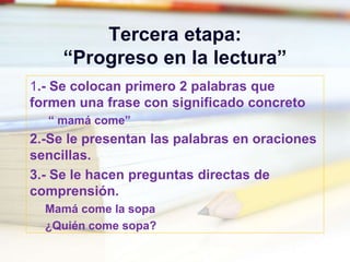 Tercera etapa:
“Progreso en la lectura”
1.- Se colocan primero 2 palabras que
formen una frase con significado concreto
“ mamá come”
2.-Se le presentan las palabras en oraciones
sencillas.
3.- Se le hacen preguntas directas de
comprensión.
Mamá come la sopa
¿Quién come sopa?
 