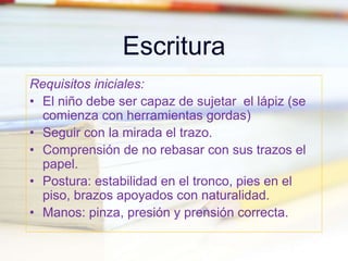 Escritura
Requisitos iniciales:
• El niño debe ser capaz de sujetar el lápiz (se
comienza con herramientas gordas)
• Seguir con la mirada el trazo.
• Comprensión de no rebasar con sus trazos el
papel.
• Postura: estabilidad en el tronco, pies en el
piso, brazos apoyados con naturalidad.
• Manos: pinza, presión y prensión correcta.
 
