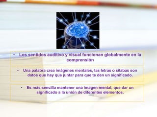 • Es más sencilla mantener una imagen mental, que dar un
significado a la unión de diferentes elementos.
• Una palabra crea imágenes mentales, las letras o sílabas son
datos que hay que juntar para que te den un significado.
• Los sentidos auditivo y visual funcionan globalmente en la
comprensión
 