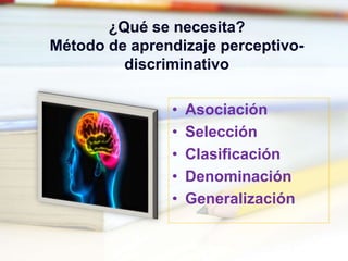 ¿Qué se necesita?
Método de aprendizaje perceptivo-
discriminativo
• Asociación
• Selección
• Clasificación
• Denominación
• Generalización
 
