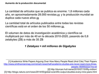 Aumento de la producción documental
La cantidad de artículos que se publica es enorme: 1,8 millones cada
año, en aproximadamente 28.000 revistas.[1] y la producción mundial se
duplica cada nueve años [3]
La cantidad total de artículos publicados entre todas las revistas
científicas está en el orden de los 50 millones [2],
El volumen de datos de investigación académica y científica se
multiplicará por más de 40 en la década 2010-2020, pasando de 0,8
zetabytes (ZB) a más de 35 ZB
1 Zetabyes = mil millones de Gigabytes
[1] Academics Write Papers Arguing Over How Many People Read (And Cite) Their Papers
http://www.smithsonianmag.com/smart-news/half-academic-studies-are-never-read-more-three-
people-180950222/?no-ist
[2] http://duncan.hull.name/2010/07/15/fifty-million/
[3] http://blogs.nature.com/news/2014/05/global-scientific-output-doubles-every-nine-years.html
 
