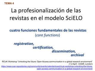 La profesionalización de las
revistas en el modelo SciELO
cuatro funciones fundamentales de las revistas
(core functions)
registration,
certification,
dissemination,
archival
TEMA 4
RCUK Workshop “Unlocking the future: Open Access communication in a global research environment”
(1-2 April : COAR, London)
https://www.coar-repositories.org/community/events/calendar/event/rcuk-workshop-unlocking-the-future-
open-access-communication-in-a-global-research-environment/
 