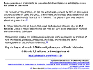 La aceleración del crecimiento de la cantidad de investigadores, principalmente en
los países en desarrollo
(1) Información estadística de UNESCO (hasta 2008).
http://www.unesco.org/new/en/media-services/single-
view/news/number_of_researchers_in_developing_countries_is_rising_according_to_unesco_study_but_wom
en_resear/#.U5rmw_l5M6w
(2) Banco Mundial http://data.worldbank.org/indicator/SP.POP.SCIE.RD.P6/countries,
The number of researchers, on the rise world-wide, jumped by 56% in developing
countries between 2002 and 2007. In five years, the number of researchers in the
world rose significantly, from 5.8 to 7.1 million. The greatest gain was made in
developing countries.(1)
El mayor crecimiento se dio en Asia, cuya participacion paso del 35,7 al 41,4
teniendo China el mayor crecimiento con más del 20% de la producción mundial
de conocimiento publicado.
Hoy día hay en el mundo 1.080 investigadores por millón de habitantes
 Más de 7,5 millones de investigadores 
http://chartsbin.com/view/1124
Researchers in R&D are professionals engaged in the conception or creation of
new knowledge, products, processes, methods, or systems and in the
management of the projects concerned.(2)
 