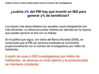 Cuánto crecen y hasta cuánto podría crecer el número de investigadores
¿cuánto x% del PBI hay que invertir en I&D para
generar y% de beneficios?
Los paises más desarrollados son aquellos cuyos trabajadores son
más eficientes. La eficiencia puede medirse por ejemplo por la riqueza
que pueden generar al año con su trabajo.
En la gráfica que sigue, con datos del Banco Mundial (2008), se
comprueba que el PBI por persona empleada se incrementa
proporcionalmente con el número de investigadores por millón de
habitantes.
A partir de unos 4.000 investigadores por millón de
habitantes, se alcanza un nivel óptimo y la productividad
se mantiene constante.
 
