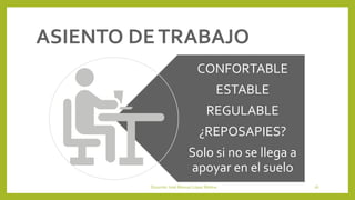 ASIENTO DETRABAJO
CONFORTABLE
ESTABLE
REGULABLE
¿REPOSAPIES?
Solo si no se llega a
apoyar en el suelo
Docente: José Manuel López Molina 16
 