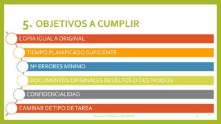 5. OBJETIVOS A CUMPLIR
COPIA IGUALA ORIGINAL
TIEMPO PLANIFICADO SUFICIENTE
Nº ERRORES MÍNIMO
DOCUMENTOSORIGINALES DEUELTOSO DESTRUIDOS
CONFIDENCIALIDAD
CAMBIAR DETIPO DETAREA
Docente: José Manuel López Molina 32
 