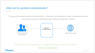 ¿Qué son los gestores automatizados?
Inversores	privados	
y	ahorradores
Gestión discrecional automatizada
Un ‘gestor de inversiones basado en la automatización’, o ‘roboadvisor’ en su definición en inglés, es una plataforma online
que gestiona inversiones de forma discrecional, altamente automatizada y eficiente
Mercado	de	valores
GESTOR
AUTOMATIZADO
finizens.com
 