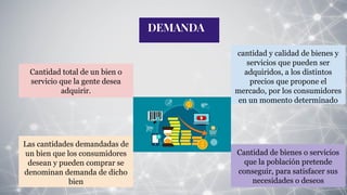 DEMANDA
Cantidad total de un bien o
servicio que la gente desea
adquirir.
cantidad y calidad de bienes y
servicios que pueden ser
adquiridos, a los distintos
precios que propone el
mercado, por los consumidores
en un momento determinado
Las cantidades demandadas de
un bien que los consumidores
desean y pueden comprar se
denominan demanda de dicho
bien
Cantidad de bienes o servicios
que la población pretende
conseguir, para satisfacer sus
necesidades o deseos
 