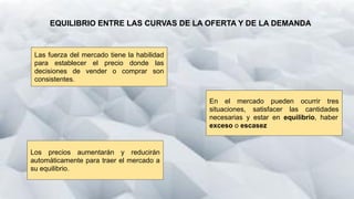 EQUILIBRIO ENTRE LAS CURVAS DE LA OFERTA Y DE LA DEMANDA
Las fuerza del mercado tiene la habilidad
para establecer el precio donde las
decisiones de vender o comprar son
consistentes.
En el mercado pueden ocurrir tres
situaciones, satisfacer las cantidades
necesarias y estar en equilibrio, haber
exceso o escasez
Los precios aumentarán y reducirán
automáticamente para traer el mercado a
su equilibrio.
 