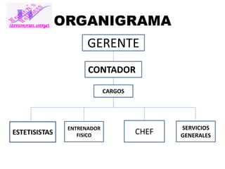 ORGANIGRAMA
GERENTE
CONTADORR
CARGOS

ESTETISISTAS

ENTRENADOR
FISICO

CHEF

SERVICIOS
GENERALES

 