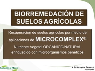BIORREMEDACIÓN DE
SUELOS AGRÍCOLAS
Recuperación de suelos agrícolas por medio de
aplicaciones de MICROCOMPLEX®
Nutriente Vegetal ORGÁNICO/NATURAL
enriquecido con microorganismos benéficos
M Sc Agr Jorge Camacho
8/01/09/15
 
