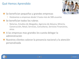Qué Hemos Aprendido


  Se benefician pequeñas y grandes empresas
   • Hosteamos a empresas desde 5 hasta más de 500 usuarios
  Se benefician todos los rubros
   • Notarias, Estudios de Abogados, Agencias de Aduana, Minería,
     Construcción, Retail, Servicios, Consultoras, Servicios Financieros,
     otros
  A las empresas mas grandes les cuesta delegar la
  administración
  Nuestros clientes valoran la presencia nacional y la atención
  personalizada




                                       20                                   7/22/2010
 
