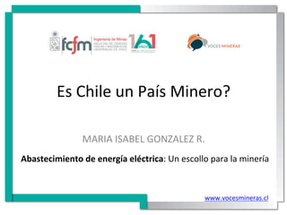 Es	
  Chile	
  un	
  País	
  Minero?	
  
MARIA	
  ISABEL	
  GONZALEZ	
  R.	
  	
  
Abastecimiento	
  de	
  energía	
  eléctrica:	
  Un	
  escollo	
  para	
  la	
  minería	
  	
  
	
  
www.vocesmineras.cl	
  
	
  
 