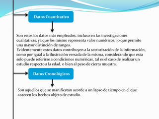 Datos Cuantitativo
Son estos los datos más empleados, incluso en las investigaciones
cualitativas, ya que los mismo representa valor numéricos, lo que permite
una mayor distinción de rangos.
Evidentemente estos datos contribuyen a la sectorización de la información,
como por igual a la ilustración versada de la misma, considerando que esta
solo puede referirse a condiciones numéricas, tal es el caso de realizar un
estudio respecto a la edad, o bien al peso de cierta muestra.
Datos Cronológicos
Son aquellos que se manifiestan acorde a un lapso de tiempo en el que
acaecen los hechos objeto de estudio.
 