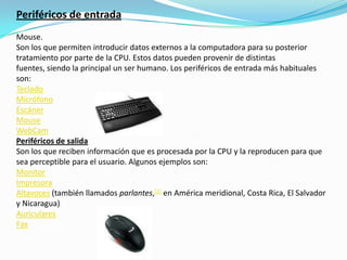 Periféricos de entradaMouse.Son los que permiten introducir datos externos a la computadora para su posterior tratamiento por parte de la CPU. Estos datos pueden provenir de distintas fuentes, siendo la principal un ser humano. Los periféricos de entrada más habituales son:TecladoMicrófonoEscánerMouseWebCamPeriféricos de salidaSon los que reciben información que es procesada por la CPU y la reproducen para que sea perceptible para el usuario. Algunos ejemplos son:MonitorImpresoraAltavoces (también llamados parlantes,[1] en América meridional, Costa Rica, El Salvador y Nicaragua) AuricularesFax