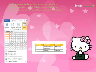 Para crear una tabla accedemos siempre desde la
pestaña Insertar > grupo Tablas > botón Tabla. Allí
encontraremos las tres posibles formas de crear tablas:
 