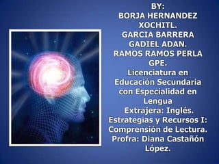 BY: BORJA HERNANDEZ XOCHITL.GARCIA BARRERA GADIEL ADAN.RAMOS RAMOS PERLA GPE.Licenciatura en Educación Secundaria con Especialidad en Lengua Extrajera: Inglés.Estrategias y Recursos I: Comprensión de Lectura.Profra: Diana Castañón López.