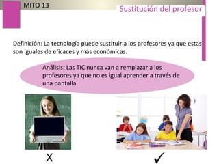 Definición: La tecnología puede sustituir a los profesores ya que estas
son iguales de eficaces y más económicas.
MITO 13
Sustitución del profesor
Análisis: Las TIC nunca van a remplazar a los
profesores ya que no es igual aprender a través de
una pantalla.
 