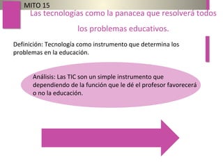 Definición: Tecnología como instrumento que determina los
problemas en la educación.
MITO 15
Las tecnologías como la panacea que resolverá todos
los problemas educativos.
Análisis: Las TIC son un simple instrumento que
dependiendo de la función que le dé el profesor favorecerá
o no la educación.
 