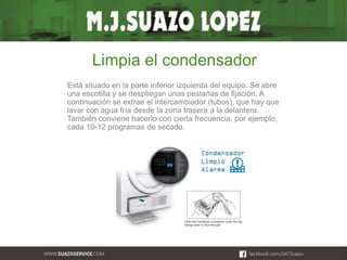 Limpia el condensador 
Está situado en la parte inferior izquierda del equipo. Se abre 
una escotilla y se despliegan unas pestañas de fijación. A 
continuación se extrae el intercambiador (tubos), que hay que 
lavar con agua fría desde la zona trasera a la delantera. 
También conviene hacerlo con cierta frecuencia, por ejemplo, 
cada 10-12 programas de secado. 
 