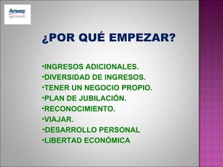¿POR QUÉ EMPEZAR?

•INGRESOS ADICIONALES.
•DIVERSIDAD DE INGRESOS.
•TENER UN NEGOCIO PROPIO.
•PLAN DE JUBILACIÓN.
•RECONOCIMIENTO.
•VIAJAR.
•DESARROLLO PERSONAL
•LIBERTAD ECONÓMICA
 