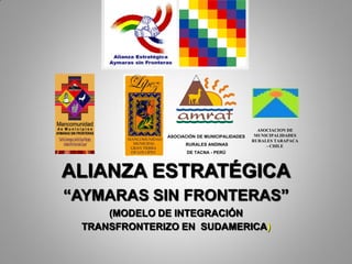 ASOCIACION DE
              ASOCIACIÓN DE MUNICIPALIDADES    MUNICIPALIDADES
                                              RURALES TARAPACA
                    RURALES ANDINAS                - CHILE
                     DE TACNA - PERÚ




ALIANZA ESTRATÉGICA
“AYMARAS SIN FRONTERAS”
     (MODELO DE INTEGRACIÓN
 TRANSFRONTERIZO EN SUDAMERICA)
 