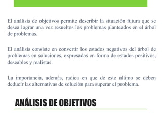 El análisis de objetivos permite describir la situación futura que se
desea lograr una vez resueltos los problemas planteados en el árbol
de problemas.
El análisis consiste en convertir los estados negativos del árbol de
problemas en soluciones, expresadas en forma de estados positivos,
deseables y realistas.
La importancia, además, radica en que de este último se deben
deducir las alternativas de solución para superar el problema.

ANÁLISIS DE OBJETIVOS

 