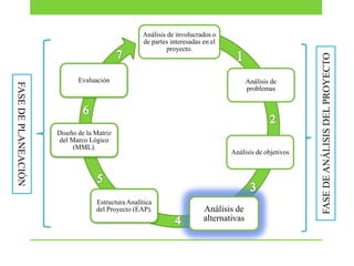 FASE DE PLANEACIÓN

Evaluación

Diseño de la Matriz
del Marco Lógico
(MML).

Estructura Analítica
del Proyecto (EAP).

Análisis de
problemas

Análisis de objetivos

Análisis de
alternativas

FASE DE ANÁLISIS DEL PROYECTO

Análisis de involucrados o
de partes interesadas en el
proyecto.

 