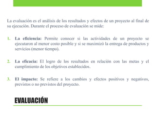 La evaluación es el análisis de los resultados y efectos de un proyecto al final de
su ejecución. Durante el proceso de evaluación se mide:
1.

La eficiencia: Permite conocer si las actividades de un proyecto se
ejecutaron al menor costo posible y si se maximizó la entrega de productos y
servicios (menor tiempo).

2.

La eficacia: El logro de los resultados en relación con las metas y el
cumplimiento de los objetivos establecidos.

3.

El impacto: Se refiere a los cambios y efectos positivos y negativos,
previstos o no previstos del proyecto.

EVALUACIÓN

 