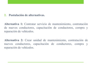 2. Postulación de alternativas.
Alternativa 1: Contratar servicio de mantenimiento, contratación
de nuevos conductores, capacitación de conductores, compra y
reparación de vehículos.
Alternativa 2: Crear unidad de mantenimiento, contratación de
nuevos conductores, capacitación de conductores, compra y
reparación de vehículos.

 