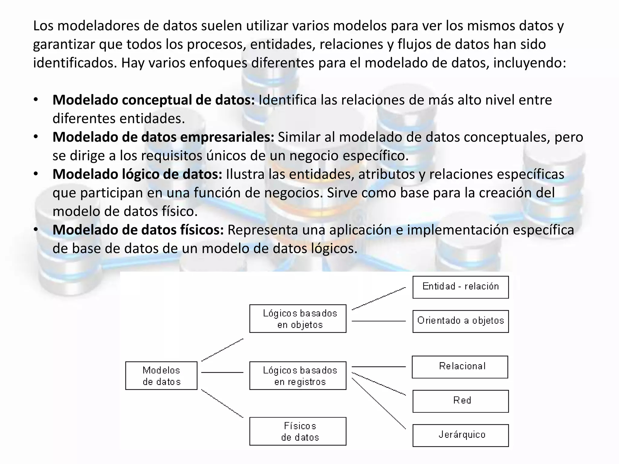Los modeladores de datos suelen utilizar varios modelos para ver los mismos datos y
garantizar que todos los procesos, entidades, relaciones y flujos de datos han sido
identificados. Hay varios enfoques diferentes para el modelado de datos, incluyendo:
• Modelado conceptual de datos: Identifica las relaciones de más alto nivel entre
diferentes entidades.
• Modelado de datos empresariales: Similar al modelado de datos conceptuales, pero
se dirige a los requisitos únicos de un negocio específico.
• Modelado lógico de datos: Ilustra las entidades, atributos y relaciones específicas
que participan en una función de negocios. Sirve como base para la creación del
modelo de datos físico.
• Modelado de datos físicos: Representa una aplicación e implementación específica
de base de datos de un modelo de datos lógicos.
 