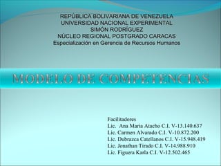 REPÚBLICA BOLIVARIANA DE VENEZUELAREPÚBLICA BOLIVARIANA DE VENEZUELA
UNIVERSIDAD NACIONAL EXPERIMENTALUNIVERSIDAD NACIONAL EXPERIMENTAL
SIMÓN RODRÍGUEZSIMÓN RODRÍGUEZ
NÚCLEO REGIONAL POSTGRADO CARACASNÚCLEO REGIONAL POSTGRADO CARACAS
Especialización en Gerencia de Recursos HumanosEspecialización en Gerencia de Recursos Humanos
Facilitadores
Lic. Ana Maria Atacho C.I. V-13.140.637
Lic. Carmen Alvarado C.I. V-10.872.200
Lic. Dubrazca Catellanos C.I. V-15.948.419
Lic. Jonathan Tirado C.I. V-14.988.910
Lic. Figuera Karla C.I. V-12.502.465
 