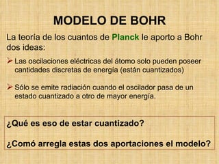 MODELO DE BOHR La teoría de los cuantos de  Planck  le aporto a Bohr dos ideas: Las oscilaciones eléctricas del átomo solo pueden poseer cantidades discretas de energía (están cuantizados) Sólo se emite radiación cuando el oscilador pasa de un estado cuantizado a otro de mayor energía. ¿Qué es eso de estar cuantizado? ¿Comó arregla estas dos aportaciones el modelo? 