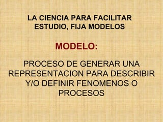 LA CIENCIA PARA FACILITAR ESTUDIO, FIJA MODELOS PROCESO DE GENERAR UNA REPRESENTACION PARA DESCRIBIR Y/O DEFINIR FENOMENOS O PROCESOS MODELO: 