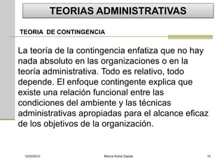 TEORIAS ADMINISTRATIVAS
TEORIA DE CONTINGENCIA


La teoría de la contingencia enfatiza que no hay
nada absoluto en las organizaciones o en la
teoría administrativa. Todo es relativo, todo
depende. El enfoque contingente explica que
existe una relación funcional entre las
condiciones del ambiente y las técnicas
administrativas apropiadas para el alcance eficaz
de los objetivos de la organización.


 12/03/2010            Blanca Nubia Zapata      10
 