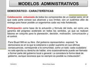 MODELOS ADMINISTRATIVOS
DEMOCRÁTICO - CARACTERÍSTICAS

Colaboración entusiasta de todos los componentes de un cuerpo sano, en el
que cada parte conoce sus alcances y sus límites; con un auténtico afán de
entrega para hacer posible un organismos cada vez más fortalecido.

Participación como base de la actuación y fórmula del éxito, así como una
garantía del progreso acelerado en todos los sentidos, ya que se realizan
labores en conjunto para la planeación, decisión, motivación, comunicación y
el control.

Para Stuart Mill en su libro Del gobierno representativo expresó: “la
democracia es en la que la soberanía o poder supremo en sus últimas
consecuencias, corresponde a la comunidad, como un todo; cada ciudadano
no solo ejercita su derecho de hablar, sino ocasionalmente puede ser llamado
a formar parte del gobierno local o general. La considera la forma ideal de
gobierno, aunque reconoce que no siempre es posible su instauración”.


  12/03/2010                     Blanca Nubia Zapata                     22
 