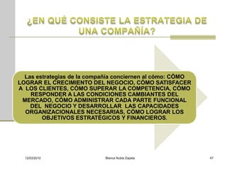 Las estrategias de la compañía conciernen al cómo: CÓMO
LOGRAR EL CRECIMIENTO DEL NEGOCIO, CÓMO SATISFACER
A LOS CLIENTES, CÓMO SUPERAR LA COMPETENCIA, CÓMO
    RESPONDER A LAS CONDICIONES CAMBIANTES DEL
 MERCADO, CÓMO ADMINISTRAR CADA PARTE FUNCIONAL
    DEL NEGOCIO Y DESARROLLAR LAS CAPACIDADES
  ORGANIZACIONALES NECESARIAS, CÓMO LOGRAR LOS
        OBJETIVOS ESTRATÉGICOS Y FINANCIEROS.




  12/03/2010                Blanca Nubia Zapata             47
 
