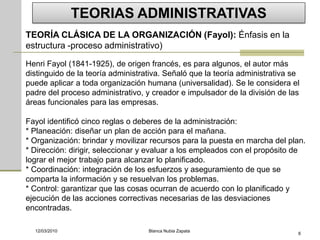 TEORIAS ADMINISTRATIVAS
TEORÍA CLÁSICA DE LA ORGANIZACIÓN (Fayol): Énfasis en la
estructura -proceso administrativo)

Henri Fayol (1841-1925), de origen francés, es para algunos, el autor más
distinguido de la teoría administrativa. Señaló que la teoría administrativa se
puede aplicar a toda organización humana (universalidad). Se le considera el
padre del proceso administrativo, y creador e impulsador de la división de las
áreas funcionales para las empresas.

Fayol identificó cinco reglas o deberes de la administración:
* Planeación: diseñar un plan de acción para el mañana.
* Organización: brindar y movilizar recursos para la puesta en marcha del plan.
* Dirección: dirigir, seleccionar y evaluar a los empleados con el propósito de
lograr el mejor trabajo para alcanzar lo planificado.
* Coordinación: integración de los esfuerzos y aseguramiento de que se
comparta la información y se resuelvan los problemas.
* Control: garantizar que las cosas ocurran de acuerdo con lo planificado y
ejecución de las acciones correctivas necesarias de las desviaciones
encontradas.

  12/03/2010                       Blanca Nubia Zapata
                                                                              6
 