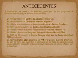 A continuación se presenta la evolución cronológica de los programas de
desarrollo/atención integral al menor, antes del PAN:

 En 1979 se crearon los Centros de Educación Inicial CEI.
 En 1982 se crearon las Guarderías Infantiles Populares.
 En 1984 las anteriores pasan a denominarse Centros Infantiles Populares.
 En 1987 los mismo pasan a ser Centros Infantiles Integrales CII.
 En 1989 se iniciaron de manera independiente los Hogares Infantiles HI.
 En 1993 los HI pasaron al Programa de Atención Integral Infantil PIDIs.
 En 1993 los CII, pasaron a llamarse Centros Integrales de Desarrollo Infantil
  CIDIs y finalmente.
 En 1997 los PIDIs y CIDIs pasaron a ser PAN (Por Decreto Supremo 24557 del 7
  de abril de 1997, para garantizar la promoción de servicios de educación inicial,
  salud, nutrición y protección en todo el territorio nacional a los niños y niñas de cero
  a seis años).
 